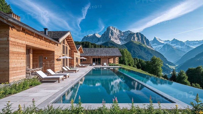 Modern wooden houses with infinity pool. The houses have the character of a holiday resort and are located in the middle of an alpine landscape. AI generated, AI generated, AI generated
