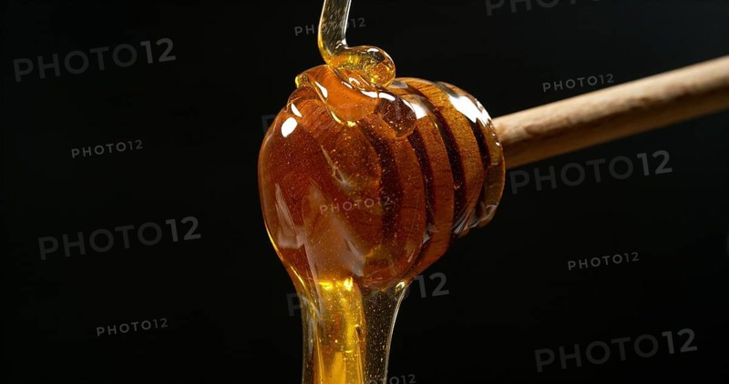 Honey Flowing in a spoon against Black Background
