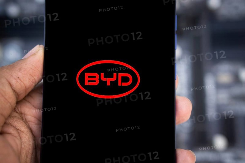 Mobile phone with business logo of Chinese car manufacturer BYD Co. Ltd