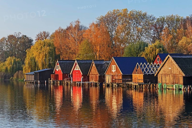 Boathouses on the Müritz near Röbel in Mecklenburg-Vorpommern in the evening light. With trees in autumn foliage. Wooden boathouses at lake Muritz (Müritz) near Robel (Röbel) with trees autumn foliage in evening light in Mecklenburg-Vorpommern, Germany. Autumn landscape