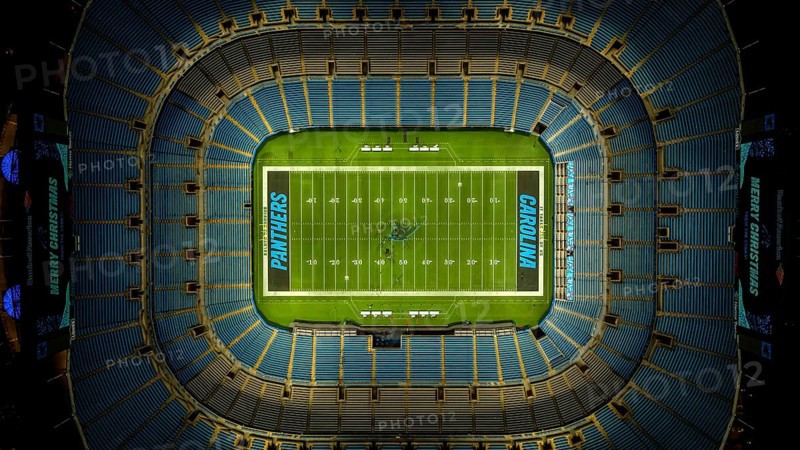 Night aerial view of the Bank of America Stadium, home of the National Football League Carolina Panthers and MLS Charlotte FC football club