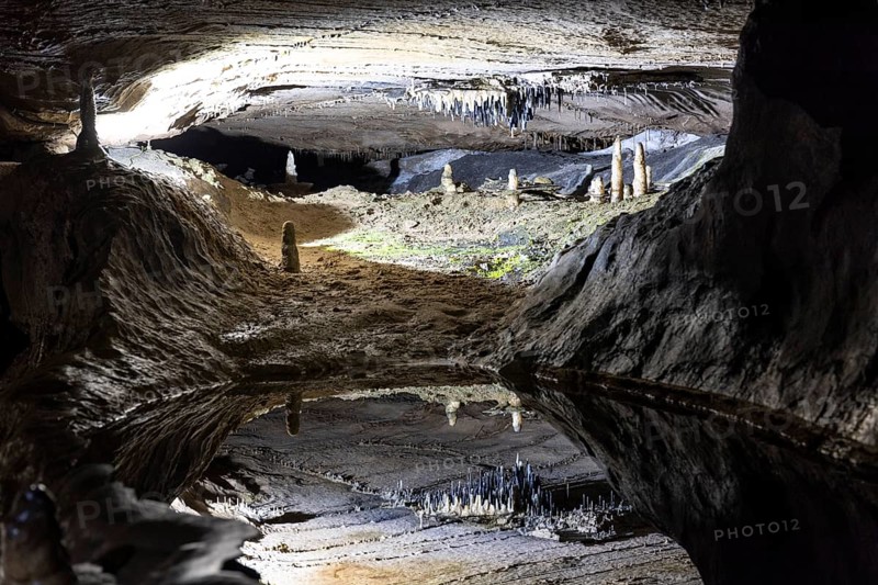 Pool of Reflections, stalactites reflected in a pool of water, stalactite cave, Ingleborough Cave, Clapham, Yorkshire Dales, England, Great Britain