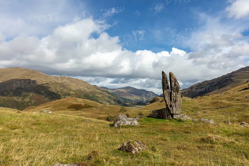 Fionn's Rock, also Praying Hands of Mary, according to legend split by Celt Fingal, also Fionn mac Cumhaill, rock formation, Aberfeldy, Highlands, Scotland, Great Britain