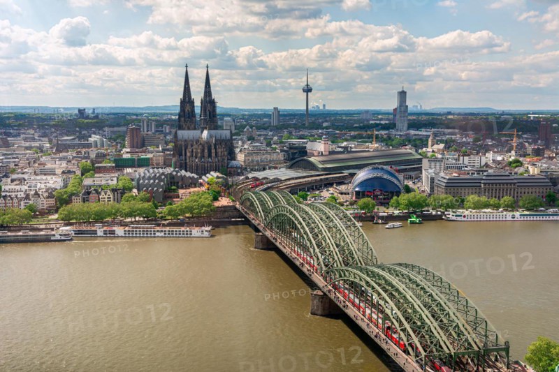 COLOGNE, GERMANY - MAY 12: Cityscape of Cologne, Germany on May 12, 2019. View from Triangle tower to the cathedral and Hohenzolern Bridge