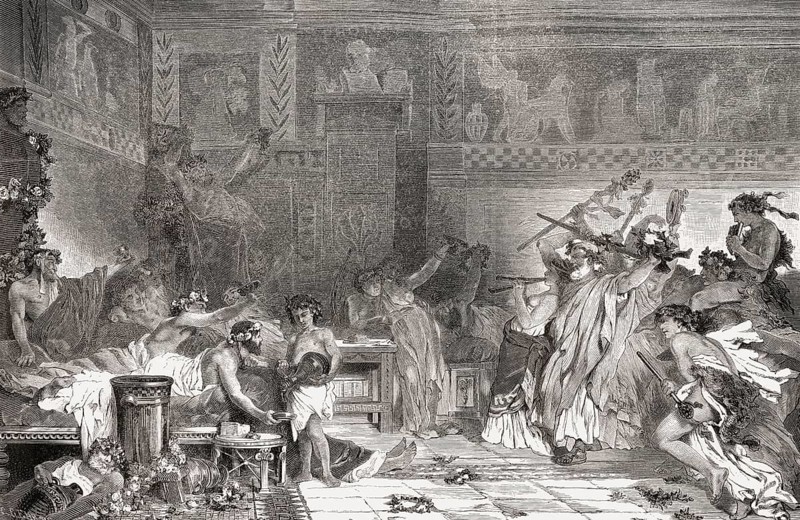 A banquet with entertainmant in ancient Rome
