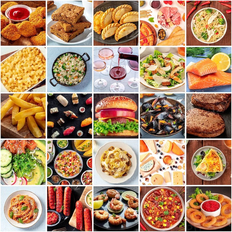 Food collage layout. A variety of dishes, a collection for a restaurant banner. International cuisine. Burger, salad and plates of Italian, Mexican, American cooked meals