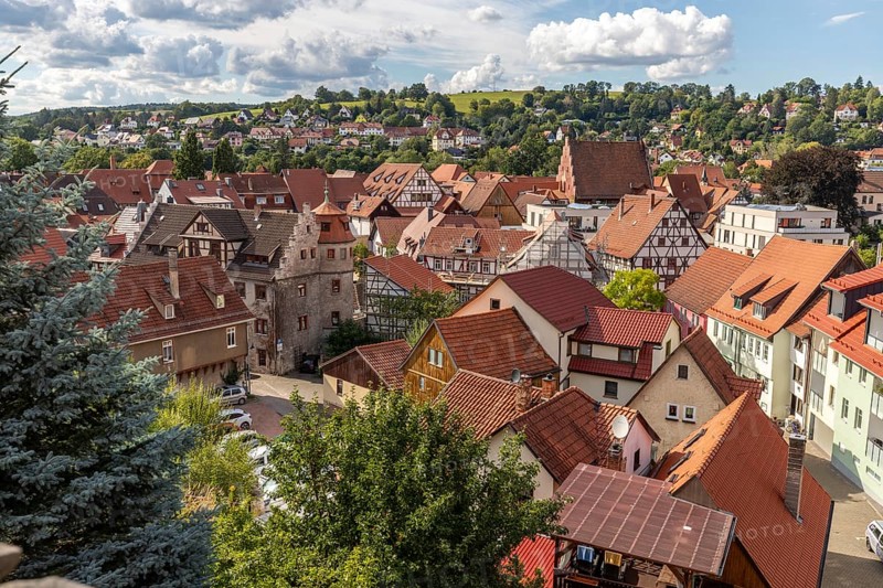 View of the red roofs of Schmalkalden, Thuringia from above with green trees in the foreground