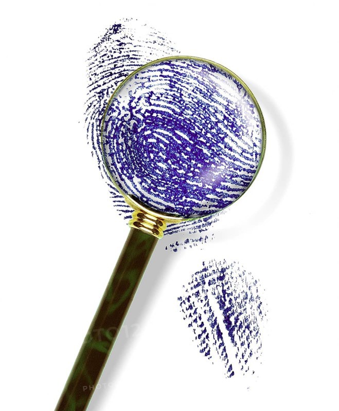 MAGNIFYING GLASS WITH FINGERPRINT, IMAGE SYMBOLIZING DETECTIVE