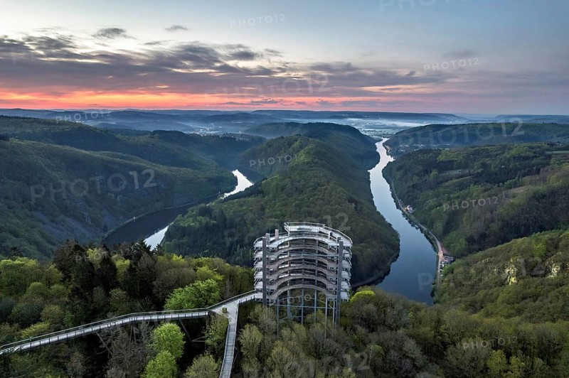 Aerial view of the Saarschleife in Mettlach with the treetop walk in spring, Germany, Europe