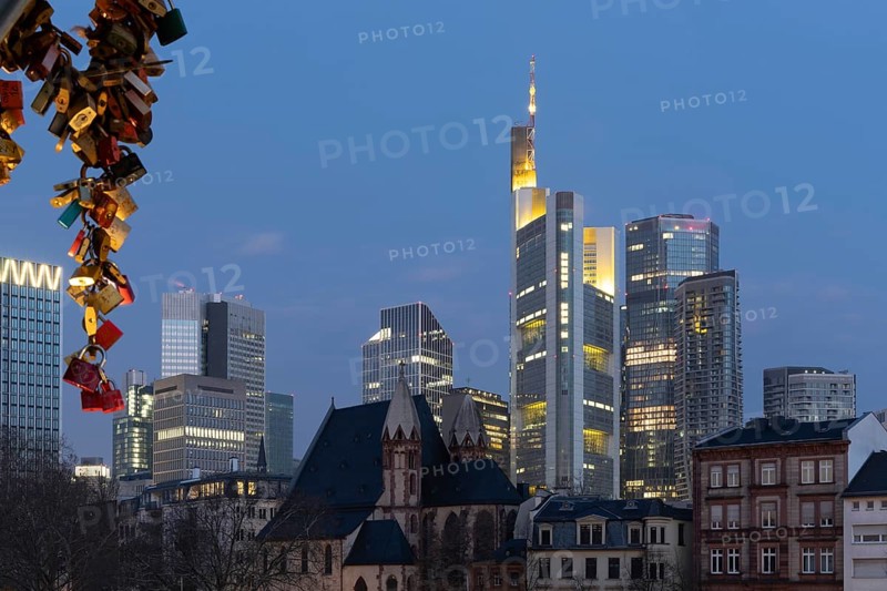 View of the skyline through the streets of a financial district. in the morning at sunrise with a fantastic view between the skyscrapers. Great city photo in Frankfurt am Main in Germany