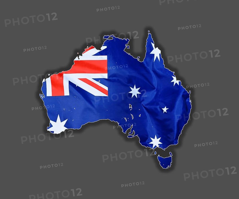Outline map of Australia designed with the national flag