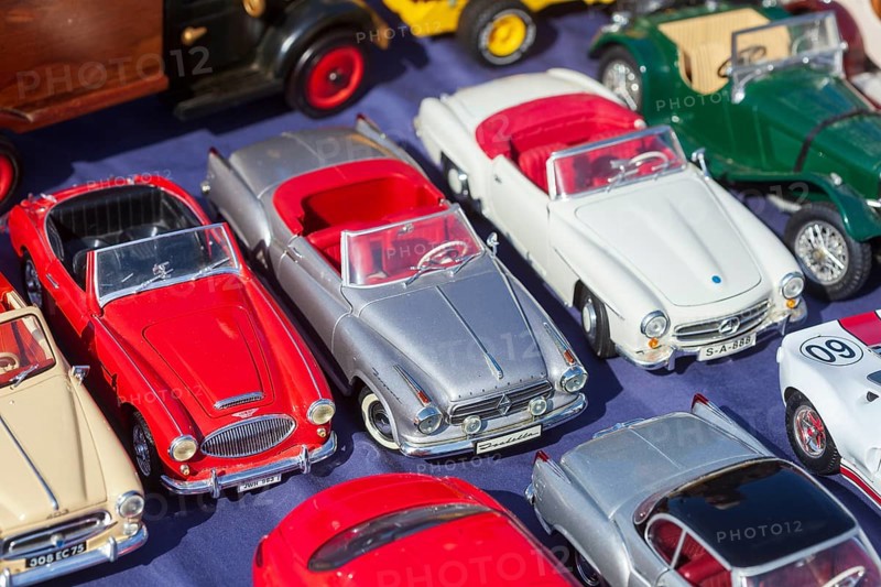 Old metal convertible toy cars at a flea market, Germany, Europe