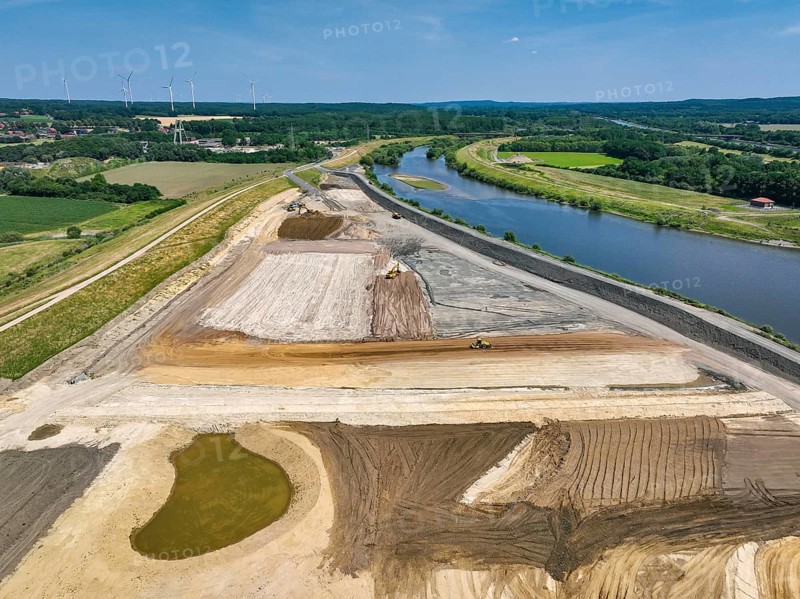 Haltern-Marl, North Rhine-Westphalia, Germany - Lippe, flood protection in the Haltern-Lippramsdorf-Marl area (HaLiMa) . Flood protection on the River Lippe by relocating the dyke and thus extending the floodplain. Rear left: excavation site of the former shaft 8 of the Auguste Victoria colliery