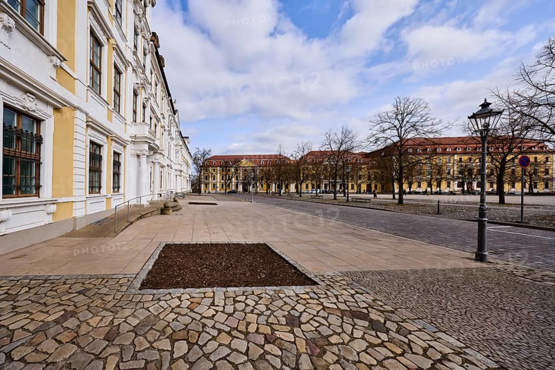 State parliament, historical buildings, baroque architectural style, bare wintry trees, diffuse light, blue sky, cumulus clouds, cathedral square, Magdeburg, state capital, independent city, Saxony-Anhalt, Germany, Europe