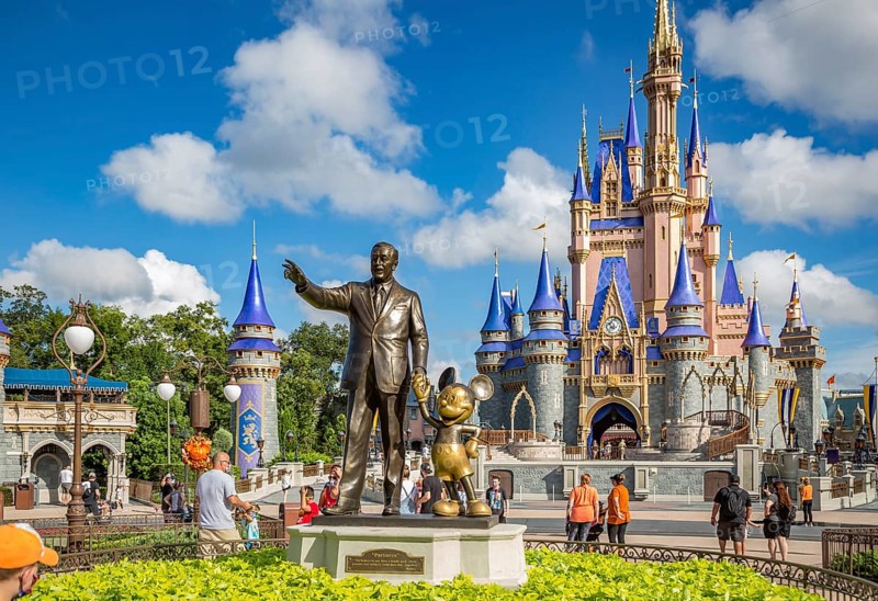 Partners statue in front of Cinderella's Castle at the end of Main Street in the Magic Kingdom at Walt Disney World, Orlando, Florida