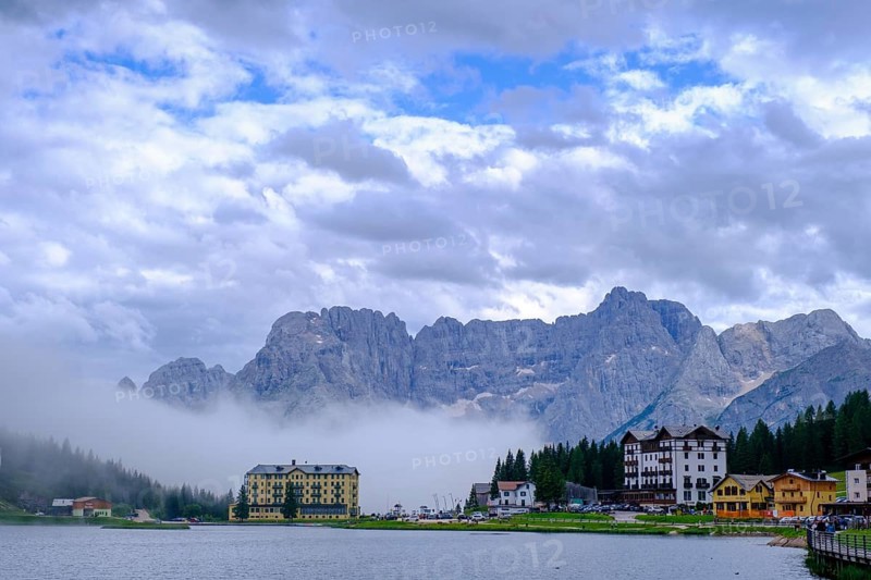 Lake Misurina, Lago di Misurina in the fog, behind Sorapis Group, Auronzo di Cadore, Dolomites, Veneto, Italy, Europe