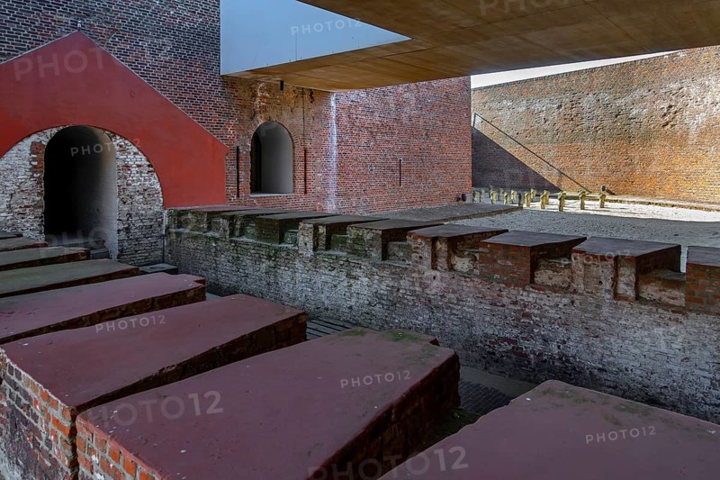 Cut section of caponier with rifle ports in ditch at Fort Napoleon, polygonal fort of the Napoleonic era at Ostend, Oostende, West Flanders, Belgium, Europe