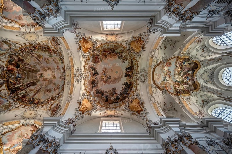 Vaults with ceiling frescoes in the baroque Basilica of St Alexander and Theodor, Ottobeuren Monastery, Ottobeuren, Unterallgäu, Bavaria, Germany, Europe