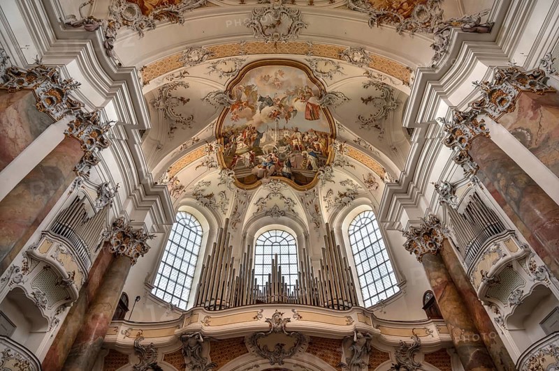 Organ loft and vault with ceiling frescoes in the baroque Basilica of St Alexander and Theodor, Ottobeuren Monastery, Ottobeuren, Unterallgäu, Bavaria, Germany, Europe