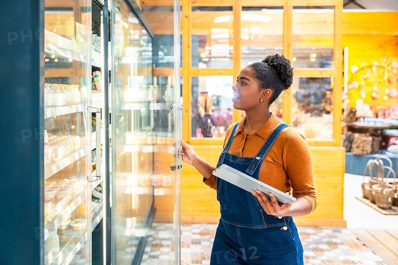 Young supermarket employee opening refrigerated section door and checking food products using digital tablet