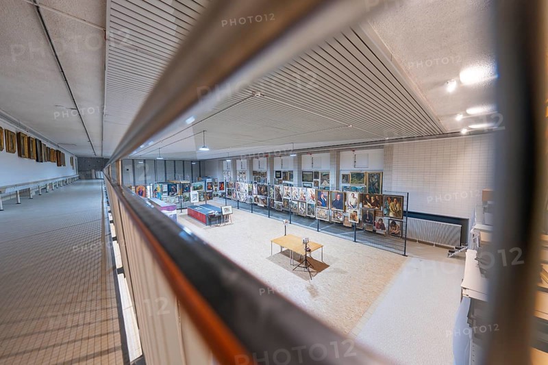 A side view of exhibits in an art gallery illuminated under a textured ceiling, historical art exhibition in the old swimming pool, Schaudepot, Calw, Black Forest, Germany, Europe