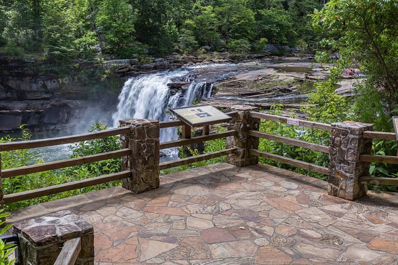Sign at the observation deck provides informatino about the Little River Falls in Little River Canyon Falls Park near Ft. Payne, Alabama