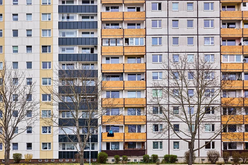 Residential building, high-rise buildings, facade, window, balcony, bare winter trees, diffuse light, Ebendorfer Chaussee, Magdeburg, state capital, independent city, Saxony-Anhalt, Germany, Europe