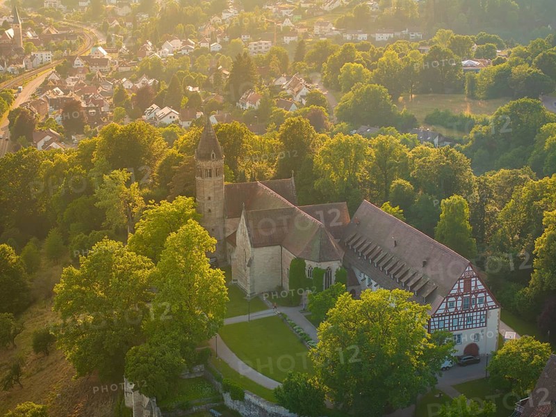 Aerial view of a village with a church complex and dense tree population, event and wedding location Lorch Monastery, Lorch, Germany, Europe