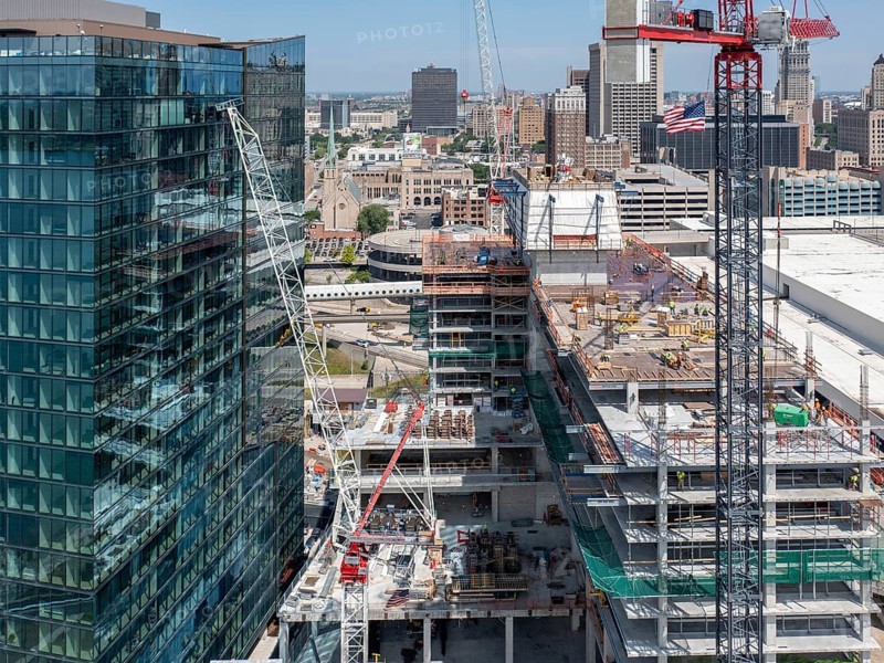 Detroit, Michigan - Construction of the 25-story JW Marriott Detroit Water Square hotel. The building is next to the new luxury Water Square apartment building