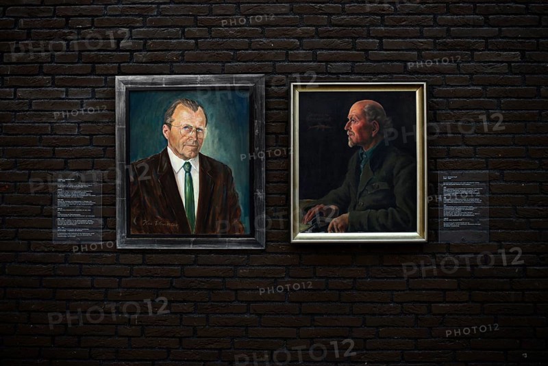Portraits of Professor Dr Bernhard Hauff, interior photograph, Urwelt-Museum Hauff, Museum, Holzmaden, Baden-Württemberg, Germany, Europe