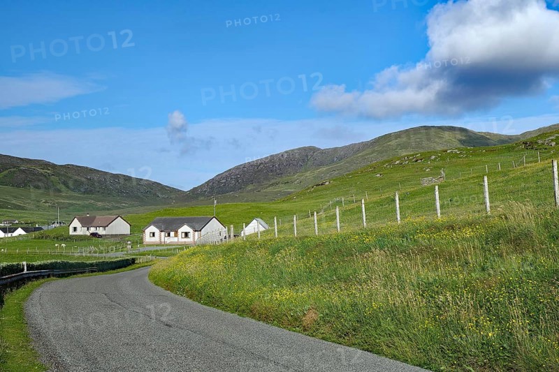 Winding country road leads through a rural area with meadows and houses under a blue sky, Barra, Hebrides, Scotland, United Kingdom, Europe