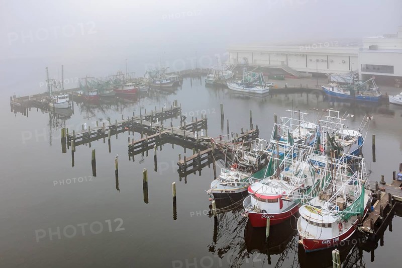 Commercial shrimp boats at the dock in the commercial area of the Biloxi Small Craft Harbor in Biloxi, Mississippi