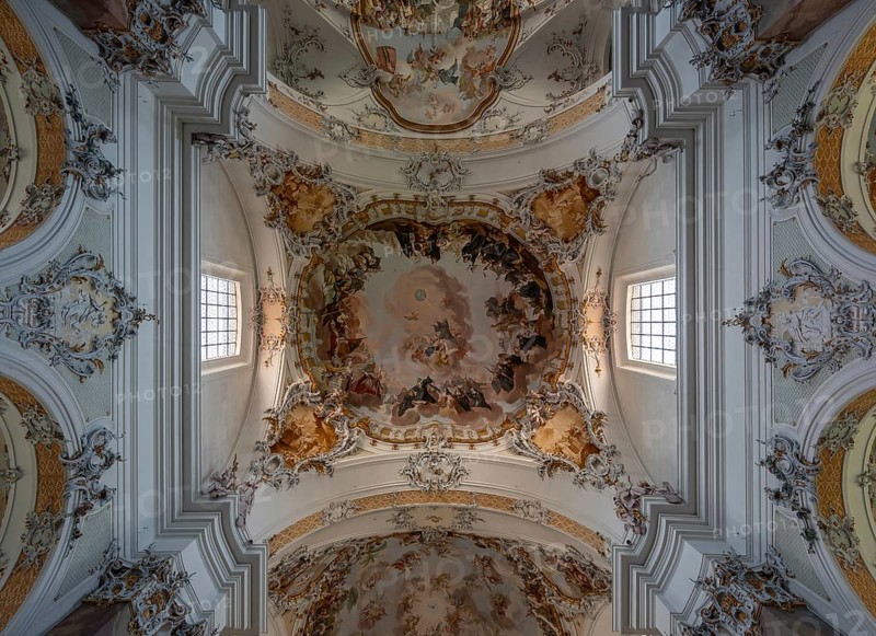 Vaults with ceiling frescoes in the baroque Basilica of St Alexander and Theodor, Ottobeuren Monastery, Ottobeuren, Unterallgäu, Bavaria, Germany, Europe