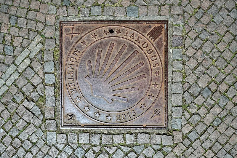 Manhole cover, St James' Way Münster 2015, pilgrims, scallop shell, cobblestones, Münster, Münsterland, independent city, North Rhine-Westphalia, Germany, Europe