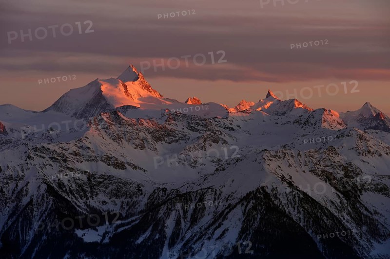 Alpenglow... Swiss Alps, view of the Weißhorn and Obergabelhorn, well-known four-thousand metre peaks, high striking mountains in the high Alps in the evening at sunset, Alps, Valais, Switzerland, Western Europe, Europe