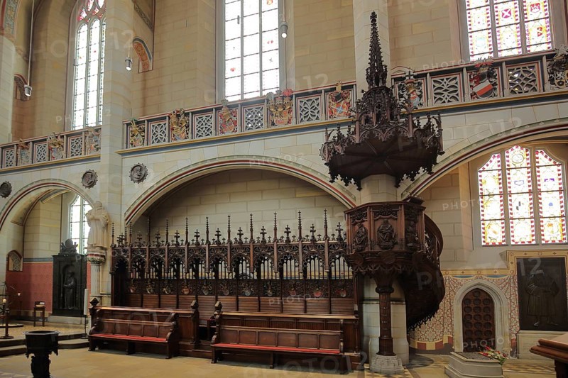 Choir stalls with decorations, wood carving, arts and crafts, UNESCO, castle church, castle, Luther city Wittenberg, Fläming, Saxony-Anhalt, Germany, Europe