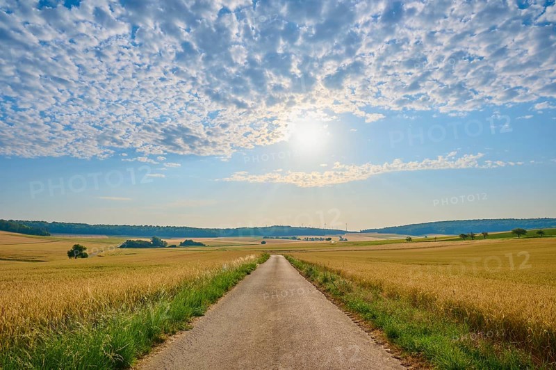 A country road leads through wide fields, the sky is cloudy and sunny, summer, Höhefeld, Wertheim, Baden-Württemberg, Germany, Europe
