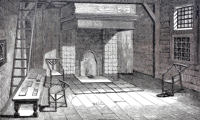 The room of Peter the Great in Zaandam, in this house lived the Russian Tsar Peter the Great in 1697, while he learnt the profession of ship carpenter, Holland, Historical, digitally enhanced reproduction from an original from around 1860