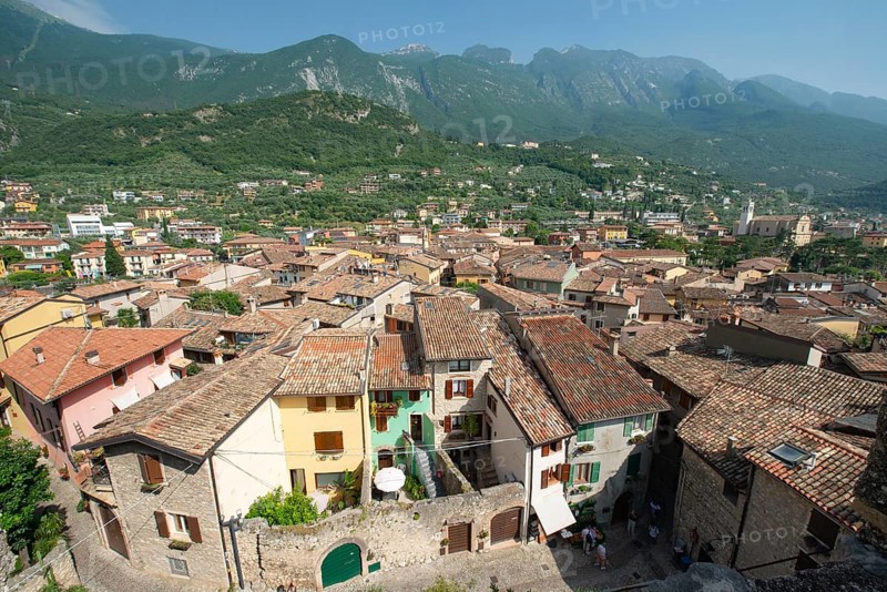 Mediterranean roofs from Scaliger Castle, Malcesine, Veneto, Italy, Europe