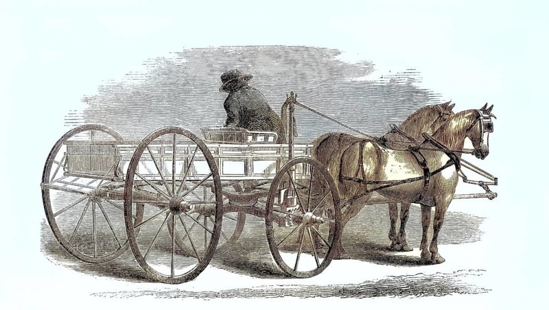 An automatic rein holder on the carriage of a team of horses, which forces the horses to stop when the coachman dismounts, America around 1870, Historical, digitally enhanced reproduction of a model from around 1860
