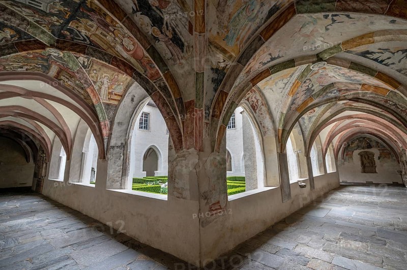 Cloister with frescoes from around 1370, collegiate basilica, Neustift St Margarethen, Vahrn, district of Bolzano, South Tyrol, Italy, Europe