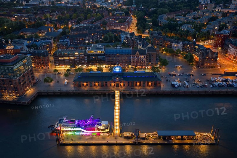 Aerial view of the Altona fish market in the harbour at blue hour, Hamburg, Germany, Europe