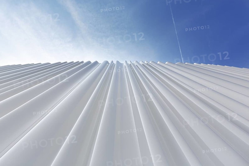 Modern white façade made of corrugated acrylic glass, Plexiglas, SANAA production hall, architect Kazuyo Sejima and Ryue Nishizawa, Vitra Campus, Vitra Design Museum, Weil am Rhein, Baden-Württemberg, Germany, Europe