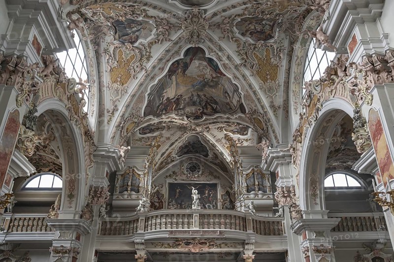 Organ loft of the collegiate basilica, Neustift St Margarethen, Vahrn, district of Bozen, South Tyrol, Italy, Europe