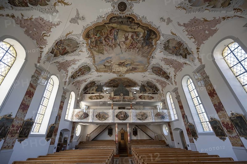 Organ loft of the baroque church of St Peter and Paul, Thalstr .31, Peterstahl, Oy Mittelberg, Oberallgaü, Bavaria, Germany, Europe