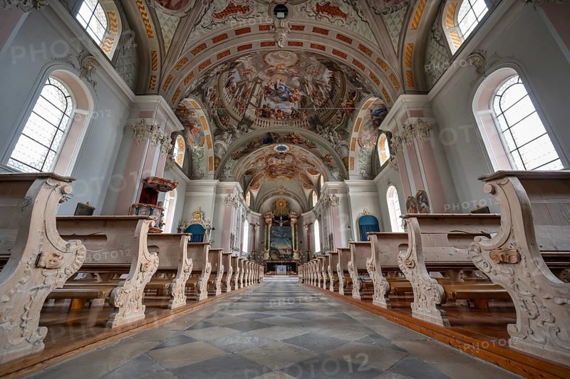 Interior with ceiling frescoes in the domed vault, Heilger Pankratius church, Bahnstraße 1, Telfes im Stubai, Austria, Europe