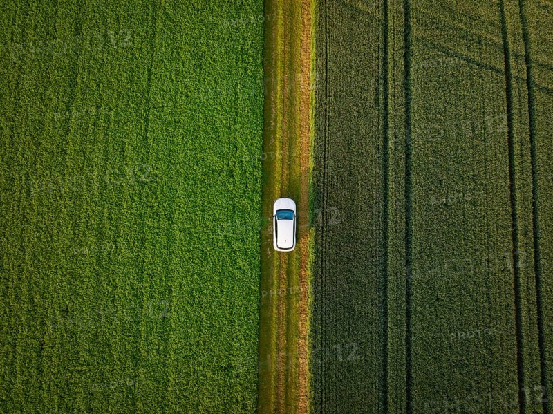Car on a narrow path between two neighbouring green fields from the air, Deer E- CarSharing, Renault Megane electric car, Calw, Black Forest, Germany, Europe