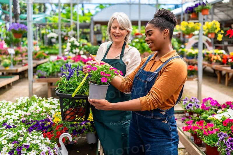 Two smiling female workers choosing colorful flowers in a pot inside a greenhouse or garden center