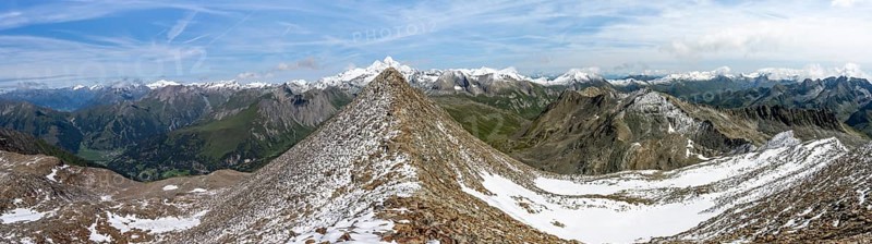 Mountain panorama, summit Böses Weibl, view of mountain landscape with snow-covered summit of the Großglockner, Wiener Höhenweg, Schober group, Hohe Tauern National Park, Carinthia, Austria, Europe