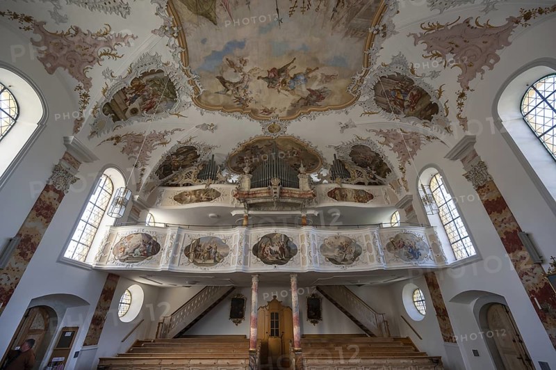 Organ loft of the baroque church of St Peter and Paul, Thalstr .31, Peterstahl, Oy Mittelberg, Oberallgaü, Bavaria, Germany, Europe